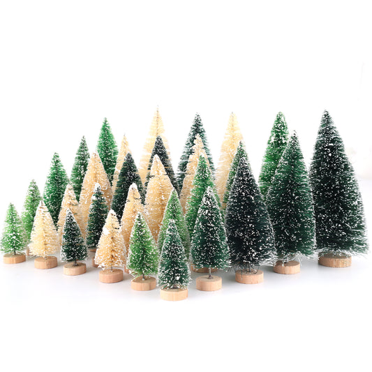 30Pcs Mini Christmas Trees - Artificial Christmas Tree Bottle Brush Trees Christmas with 5 Sizes, Sisal Snow Trees with Wooden Base for Christmas Decor Christmas Party Home Table Craft Decorations