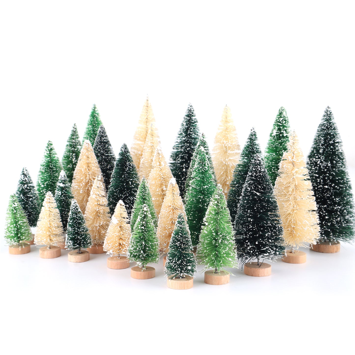 30Pcs Mini Christmas Trees - Artificial Christmas Tree Bottle Brush Trees Christmas with 5 Sizes, Sisal Snow Trees with Wooden Base for Christmas Decor Christmas Party Home Table Craft Decorations