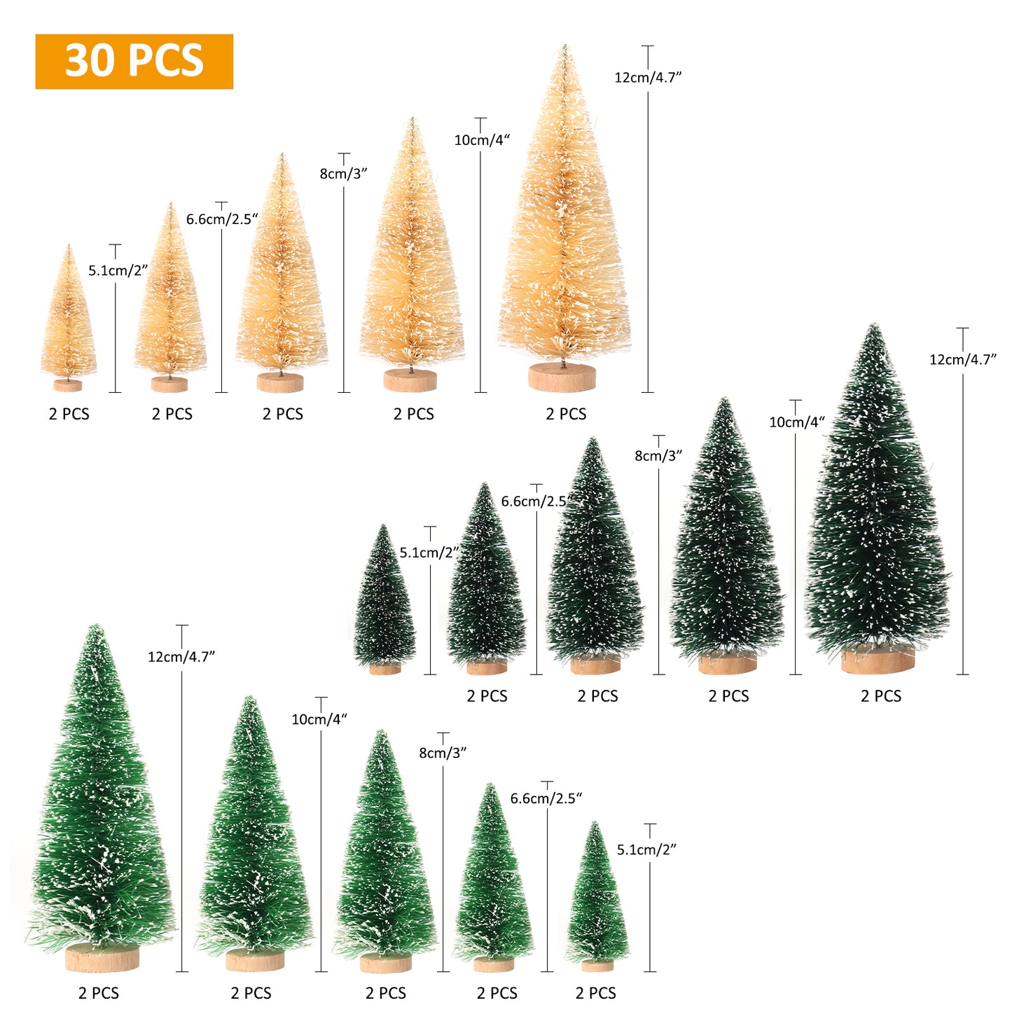 30Pcs Mini Christmas Trees - Artificial Christmas Tree Bottle Brush Trees Christmas with 5 Sizes, Sisal Snow Trees with Wooden Base for Christmas Decor Christmas Party Home Table Craft Decorations