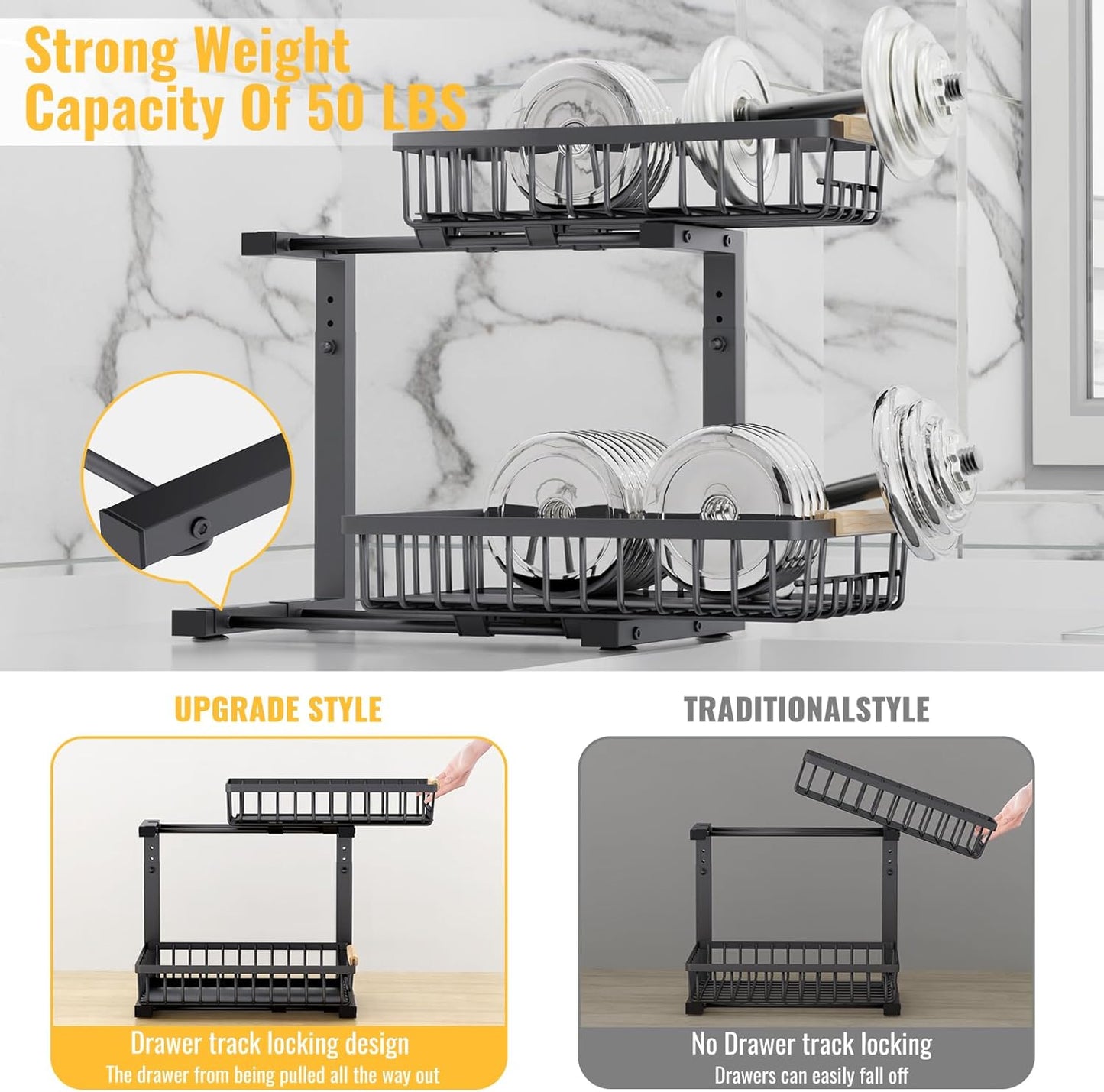 Under Sink organization, Two Tiers Pull Out Cabinet Organizer Slide Out, Strong Steel Sink Shelf Cabinet Storage Shelves, L Shape Under Sink Storage for Kitchen Bathroom Cabinet