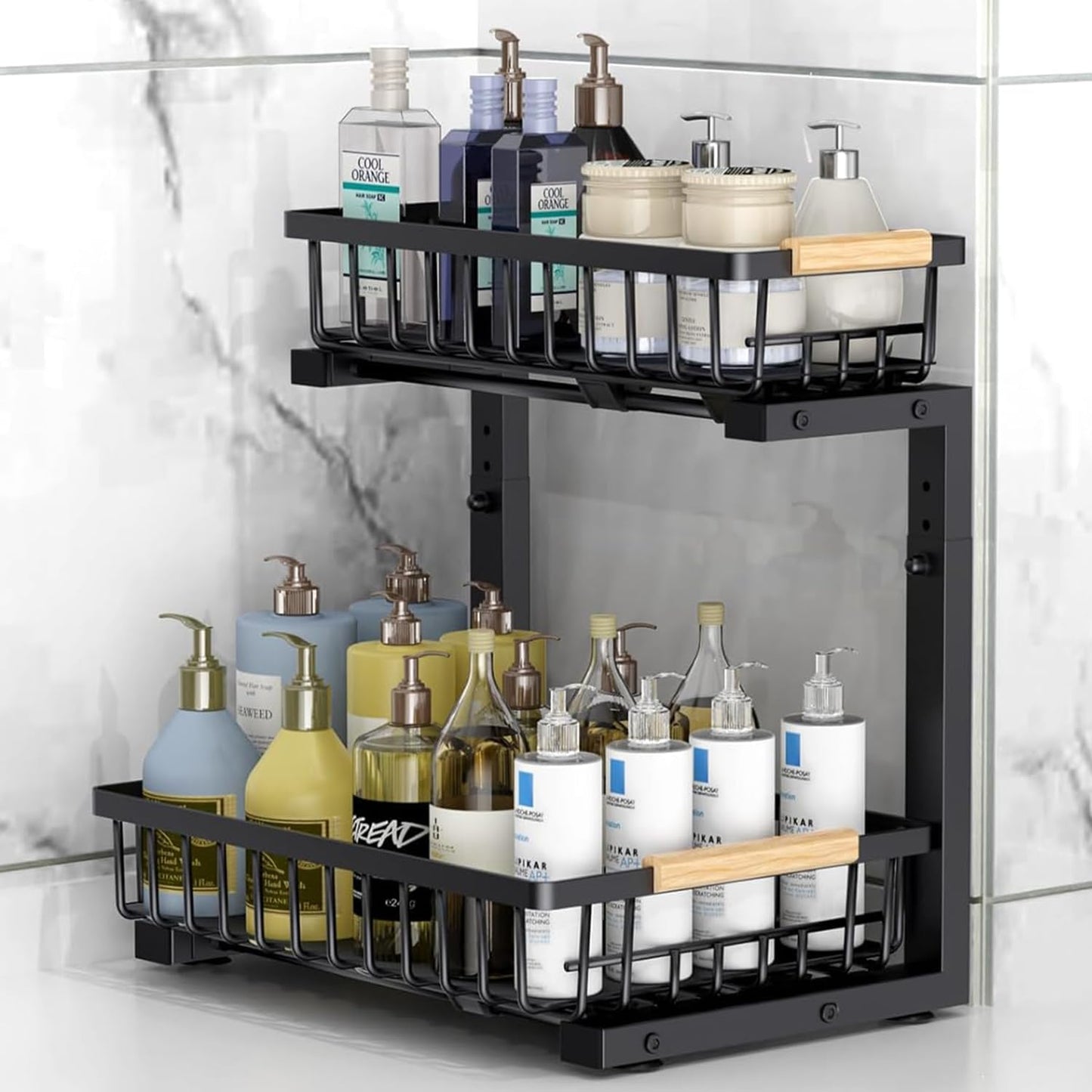 Under Sink organization, Two Tiers Pull Out Cabinet Organizer Slide Out, Strong Steel Sink Shelf Cabinet Storage Shelves, L Shape Under Sink Storage for Kitchen Bathroom Cabinet