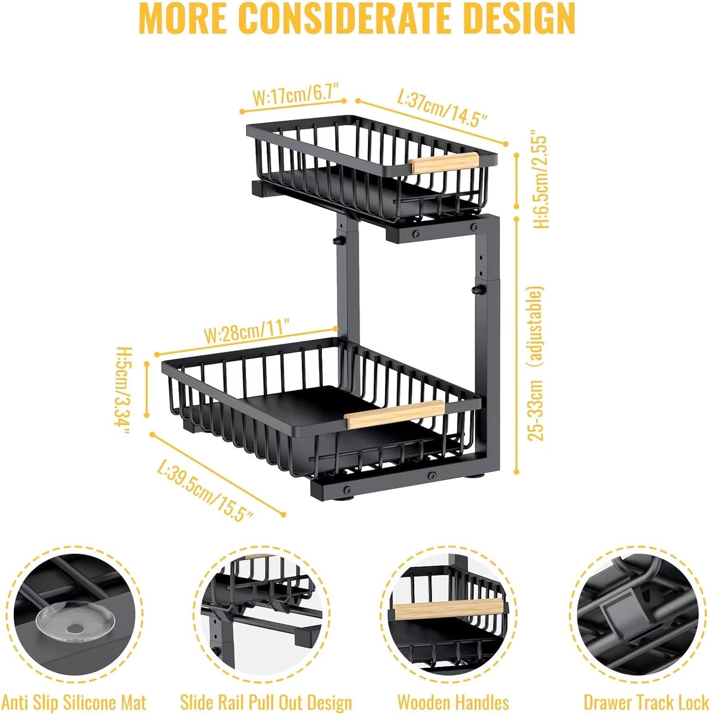 Under Sink organization, Two Tiers Pull Out Cabinet Organizer Slide Out, Strong Steel Sink Shelf Cabinet Storage Shelves, L Shape Under Sink Storage for Kitchen Bathroom Cabinet