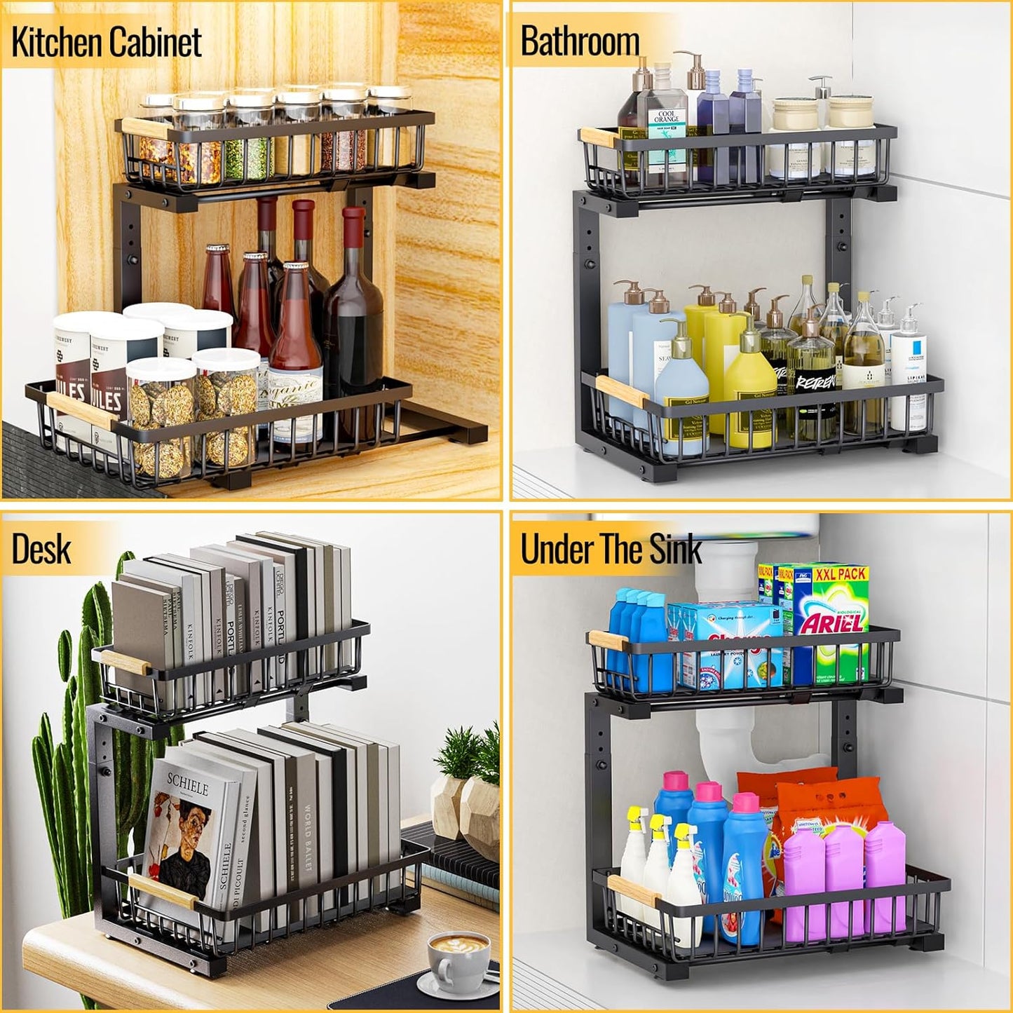 Under Sink organization, Two Tiers Pull Out Cabinet Organizer Slide Out, Strong Steel Sink Shelf Cabinet Storage Shelves, L Shape Under Sink Storage for Kitchen Bathroom Cabinet