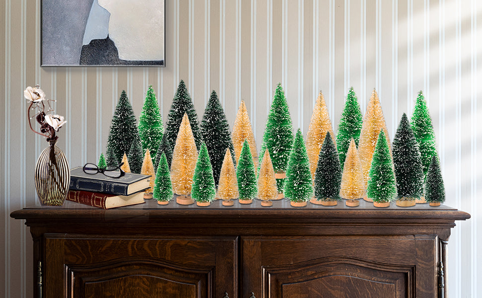 30Pcs Mini Christmas Trees - Artificial Christmas Tree Bottle Brush Trees Christmas with 5 Sizes, Sisal Snow Trees with Wooden Base for Christmas Decor Christmas Party Home Table Craft Decorations