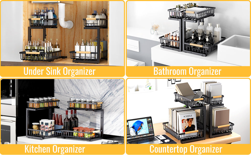 Under Sink organization, Two Tiers Pull Out Cabinet Organizer Slide Out, Strong Steel Sink Shelf Cabinet Storage Shelves, L Shape Under Sink Storage for Kitchen Bathroom Cabinet