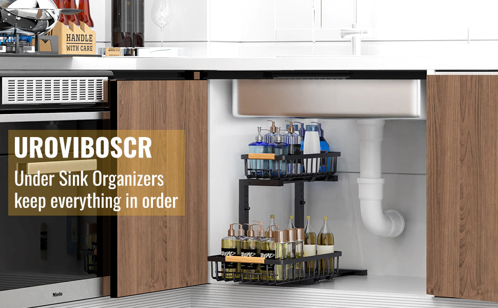 Under Sink organization, Two Tiers Pull Out Cabinet Organizer Slide Out, Strong Steel Sink Shelf Cabinet Storage Shelves, L Shape Under Sink Storage for Kitchen Bathroom Cabinet