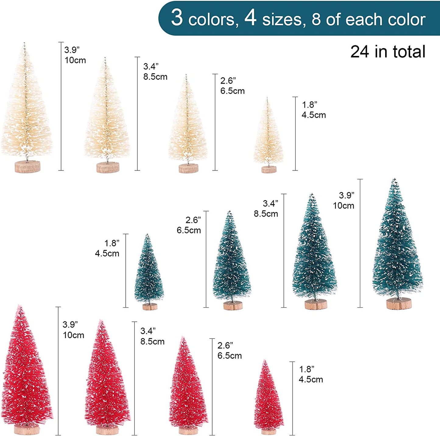 24 Pcs Bottle Brush Trees Christmas, Red Blue Yellow Miniature Christmas Tree, Mini Christmas Tree 1.8/2.6/3.4/3.9 Inch, Christmas Decorations Indoor