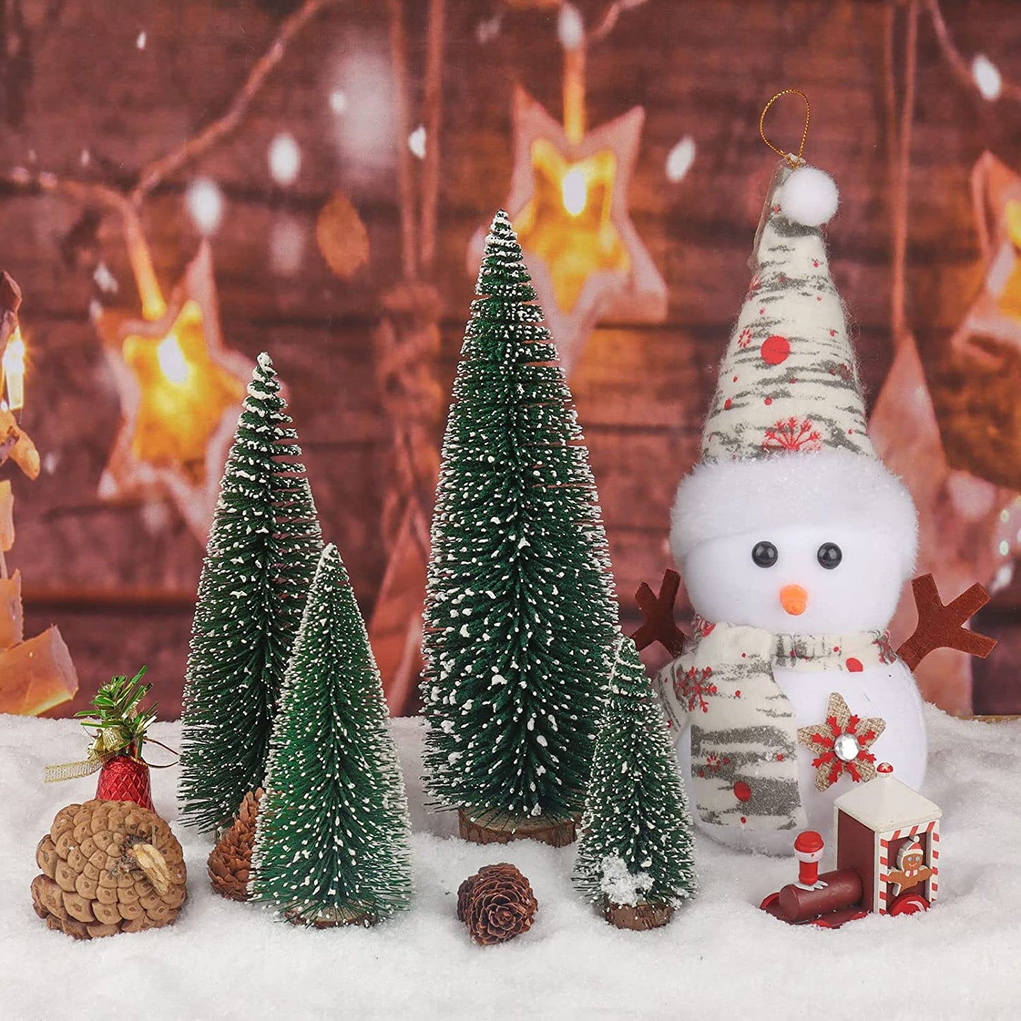 Green Bottle Brush Trees Christmas, 4 Pcs Mini Christmas Tree, Miniature Christmas Tree, Small Christmas Tree with Snowflakes, Christmas Decorations Indoor Home Decor