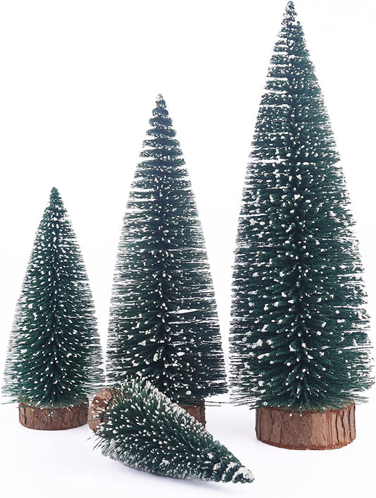 Green Bottle Brush Trees Christmas, 4 Pcs Mini Christmas Tree, Miniature Christmas Tree, Small Christmas Tree with Snowflakes, Christmas Decorations Indoor Home Decor