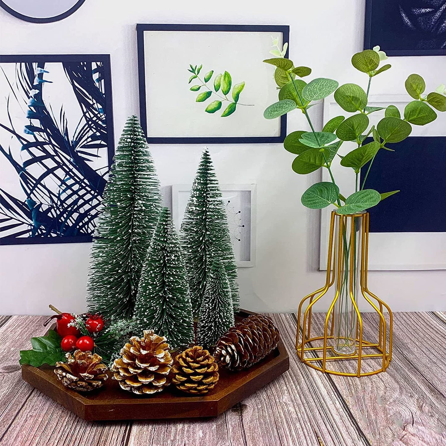 Green Bottle Brush Trees Christmas, 4 Pcs Mini Christmas Tree, Miniature Christmas Tree, Small Christmas Tree with Snowflakes, Christmas Decorations Indoor Home Decor